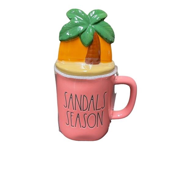 Rae Dunn Pink Sandals Season Ceramic Mug with Palm Tree Cover New in Box - Picture 2 of 6